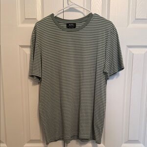 A.P.C. Men's Olive Striped Tee size xl